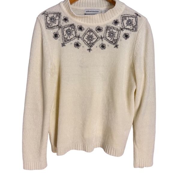 Alfred Dunner Sweaters - Alfred Dunner Petite Mock Neck Embellished Sweater Cream Ivory Beaded Sequins PL